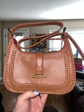 Braided Trim Tan Leather Shoulder Bag with Gold Accent